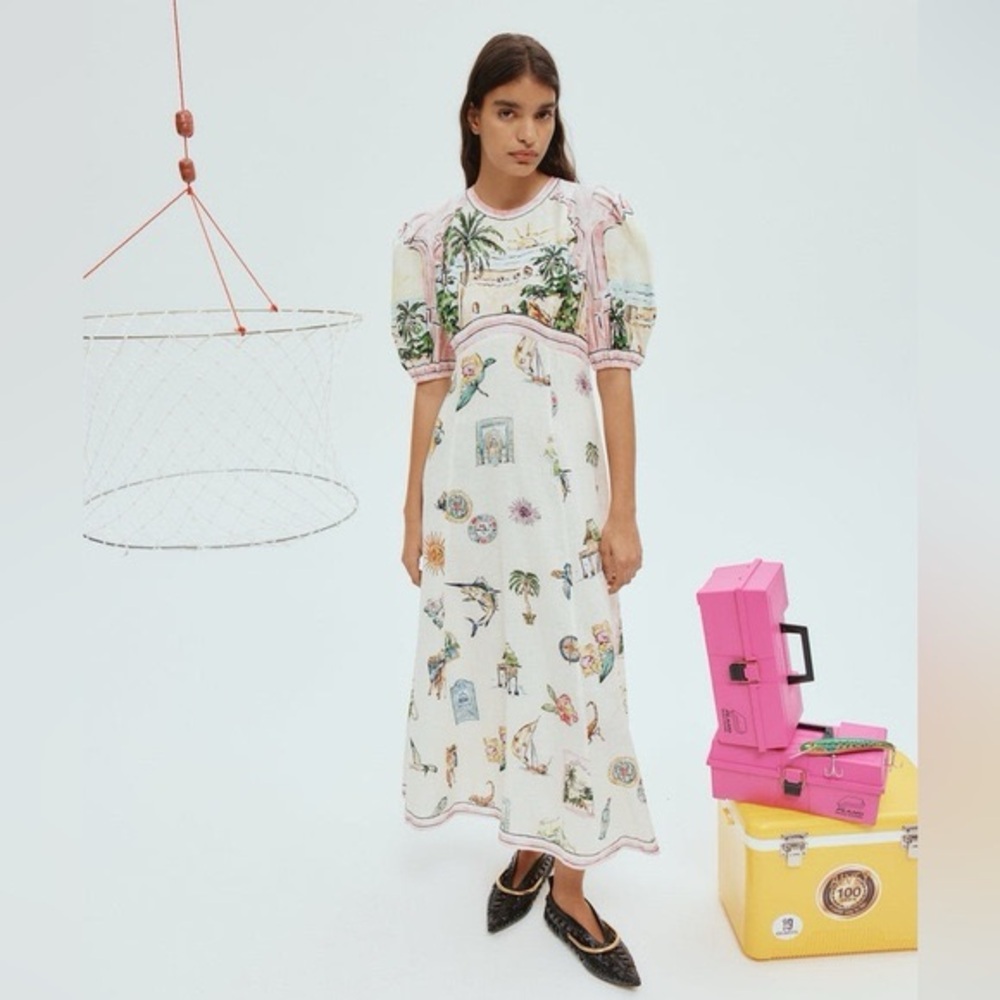 Alemais | Cream Midi Dress with Pastel Pink Trim and Tropical Print - sz 6 (us) - Picture 2 of 11